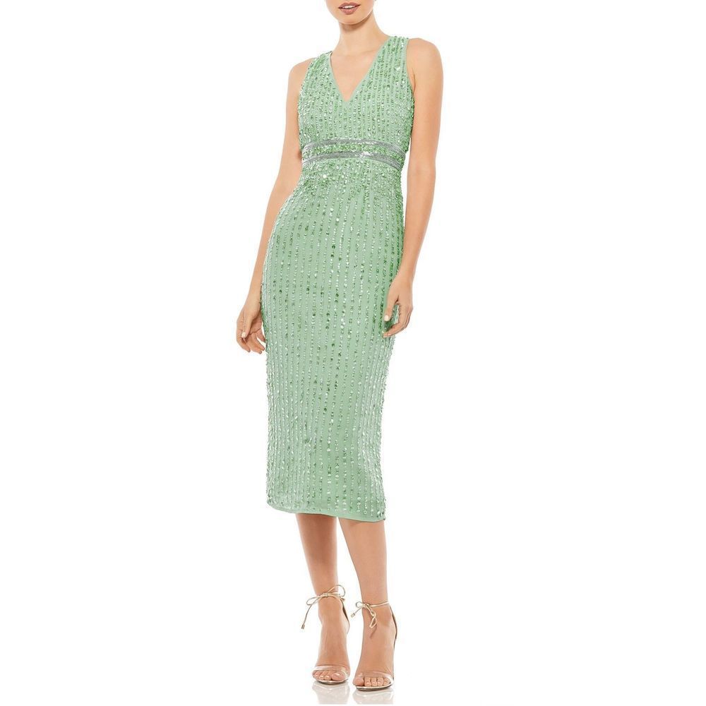 Mac Duggal Women's Green Sequined Sleeveless V-Neck Midi Sheath Dress Size 8